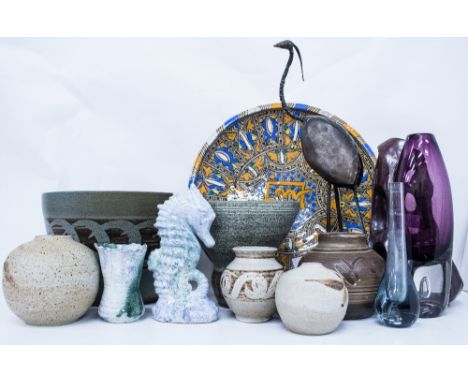 A STUDIO CERAMIC BOWL  together with further studio ceramic wares to include vases, together with two pieces of art glass and