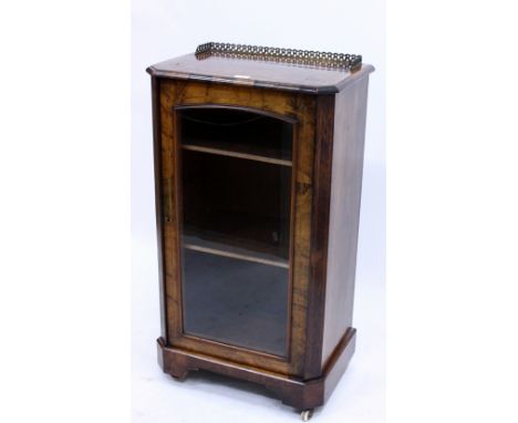 A VICTORIAN BURR WALNUT AND SATINWOOD INLAID CABINET with a pierced gilt metal galleried top, a single glazed door, bracket f