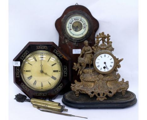 A CONTINENTAL ROSEWOOD CASED WALL CLOCK with octagonal dial, 26cm wide together with a gilt metal continental mantle clock an
