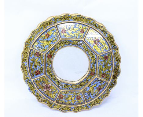A REVERSE GLASS PRINTED GILT FRAMED WALL MIRROR 37cm diameter