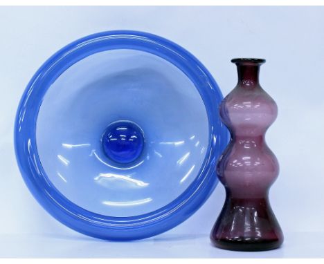 A 20TH CENTURY HOLMEGAARD SIGNED BOWL by Per Lutken, signed to the base 25cm across and one other glass vase of knopped taper