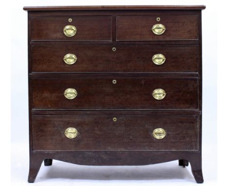 A 19TH CENTURY MAHOGANY CHEST OF TWO SHORT AND THREE LONG DRAWERS with splaying bracket feet, 108cm wide x 52.5cm deep x 106.