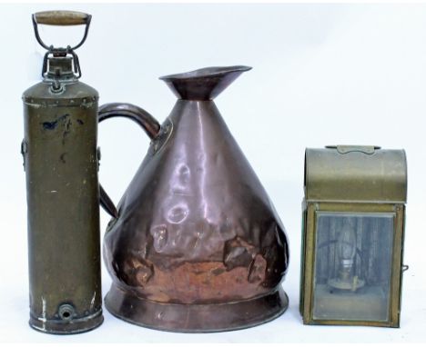 A DOMED TOP TRUNK with black painted metal mounts, gilt carrying handles, stable lantern, copper ewer (converted to a lamp) a