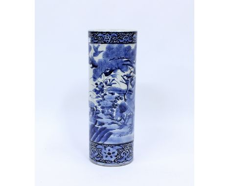 A CHINESE BLUE AND WHITE LARGE PORCELAIN VASE OR STICK STAND of cylindrical form 22cm diameter x 62cm in height 