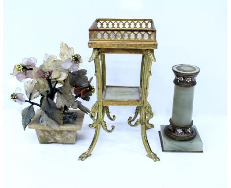 A FRENCH ONYX AND GILT METAL MINIATURE ETAGERE 17cm high, an onyx and champleve enamel column on square base, and a Chinese h