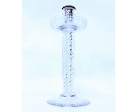 A 17TH CENTURY STYLE GLASS CANDLESTICK with spiral twist stem and etched decoration depicting vines of leaves 24cm high 