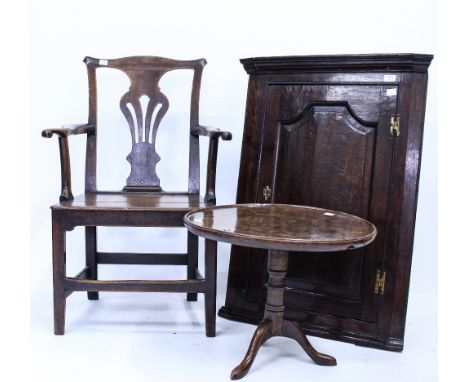 AN 18TH CENTURY OAK HANGING CORNER CABINET with panelled door, 70cm wide; a burr elm tray top low occasional table on tripod 