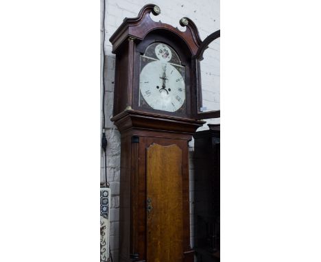 A 19TH CENTURY OAK AND MAHOGANY CASED LONGCASE CLOCK with eight day movement, painted enamel dial, a subsidiary dial and date