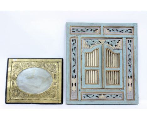 A HANGING WALL MIRROR in a the form of a painted and pierced wooden window frame with shutters, 81cm wide x 91cm high togethe