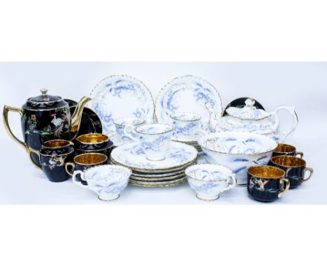 A VICTORIAN PORCELAIN DRAYTON SPRING PATTERN TEA SERVICE  and a Gibsons black and gilt coffee service (2)