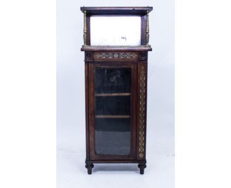 A 19TH CENTURY ROSEWOOD NARROW DISPLAY CABINET with raised back supporting a shelf with turned brass supports over a glazed d