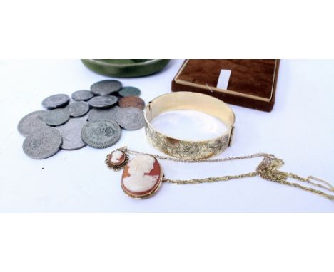 TWO 9CT GOLD MOUNTED CAMEO PENDANTS on 9ct gold trace chains and a yellow metal engraved bangle, patent No. 91167637 (overall