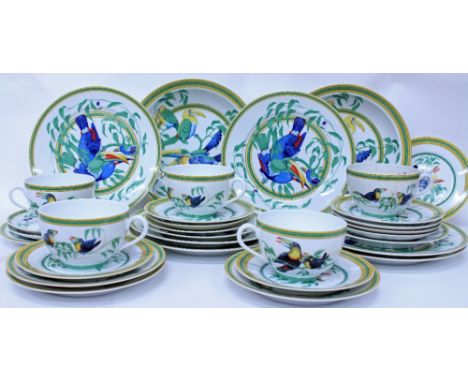 A SELECTION OF HERMES OF PARIS TOUCAN PATTERN PORCELAIN DINNER SERVICE to include various sized plates and large cups etc (a 