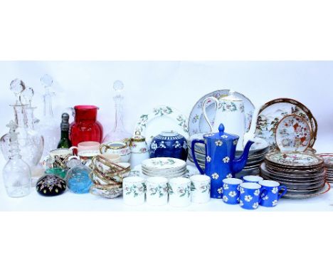 A COLLECTION OF CERAMICS AND GLASS WARE to include decanters, part tea set, a Satsuma ware egg shell tea set, a Carlton ware 