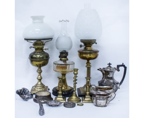 A GROUP OF THREE VARIOUS 19TH CENTURY AND LATER OIL LAMPS together with silver plated coffee service, three brass candlestick