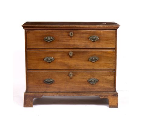 AN OLD MAHOGANY CHEST of three long drawers standing on bracket feet 110cm wide x 95.5cm high 
