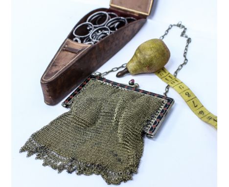 A MESH LINK PURSE with champleve enamel decoration, a pear novelty tape measure and a set of four stainless steel scissors in