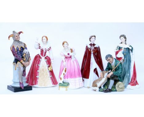 SIX ROYAL DOULTON FIGURINES including Queens of the Realm, Queen Victoria, Queen Elizabeth I and Queen Anne, a Royal Worceste