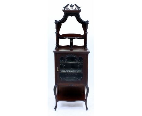 A VICTORIAN MAHOGANY SIDE CABINET with mirror backed, raised back with pierced fretwork decoration over a glazed single door 