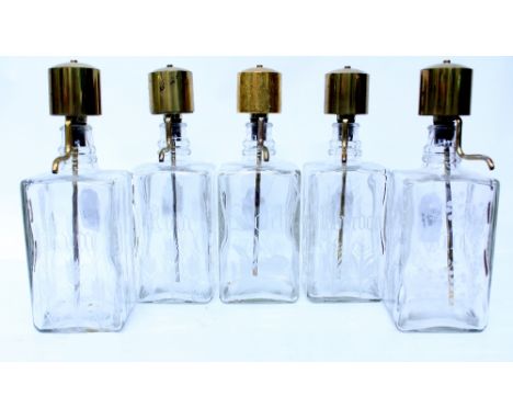 A SET OF FIVE PUMP SPIRIT DECANTERS  with acid etched decoration to include Rum, Gin, Bourbon and Scotch, 26cm high (5)