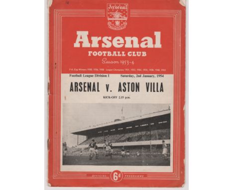 Programme Arsenal v Aston Villa 2nd January 1954, football league division one, loose pages, rusty staples, page 11 torn, fai