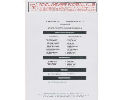 Manchester United v R Antwerp FC 31 August 1999 Match Day Team Sheet Away