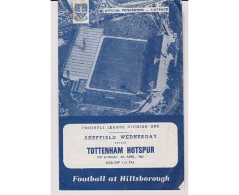 Sheffield Wednesday v Tottenham Hotspur 8th April 1963, football league division one, writing in pencil inside, dog eared cor