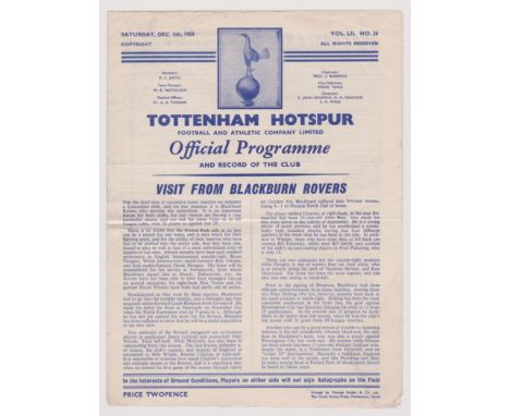 Tottenham Hotspur v Blackburn Rovers 1959. Creasing and fold. Approx 25 x 19cm