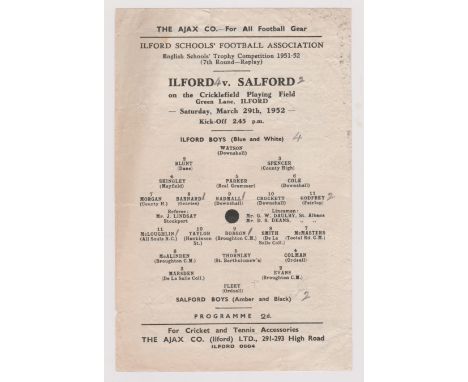 Ilford Boys v Salford Boys playing 29th March 1952 at Ilford, single sheet, pencil scores, centre crease, small tear, Eddie C