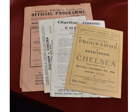 A collection of 4 single sheets and one 4 Page Chelsea away programmes from the 1944/45 season v Arsenal, Tottenham, Charlton