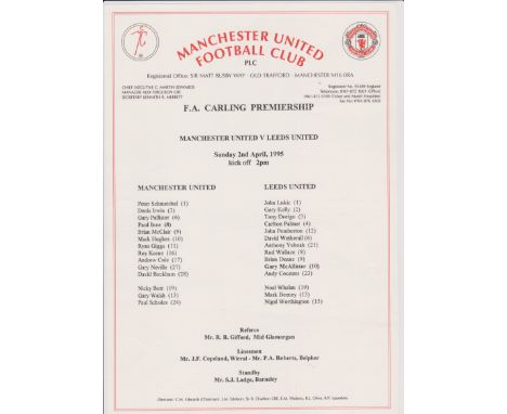 Manchester United v Leeds  United 2 April 1995 FA Carling Premiership Match Day Team Sheet