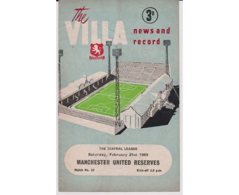 Aston Villa Reserves v Manchester United Reserves 21st Feb 1959, light vertical crease, otherwise very fine