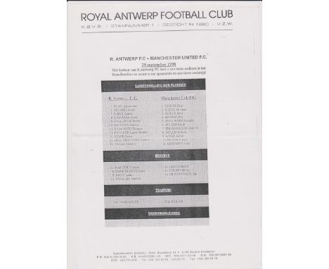 Manchester United v R Antwerp FC 28 September 1998 Match Day Team Sheet Away