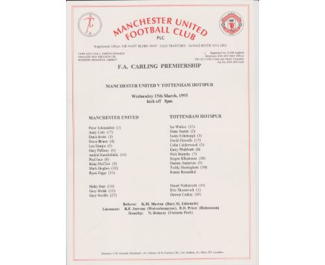 Manchester United v Tottenham Hotspur 15 March 1995 FA Carling Premiership Match Day Team Sheet