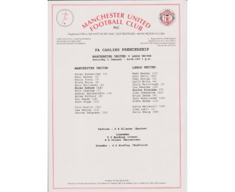 Manchester United v Leeds United 1 January 1994 FA Carling Premiership Match Day Team Sheet