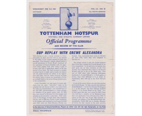 Tottenham Hotspur v Crewe Alexandra 1960 (Spurs won 13-2) Creasing, fold and frayed edge. Approx 25 x 19cm