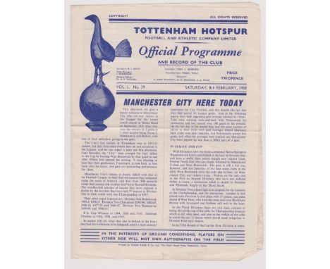 Tottenham Hotspur v Manchester City 1958. Creasing and fold. Approx 25 x 19cm
