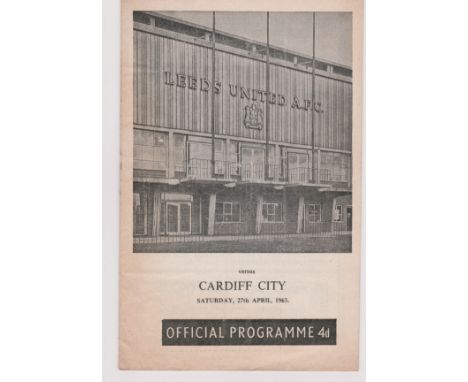 Leeds United v Cardiff City April 2nd 1963, Football League, tear on back page, faded front cover