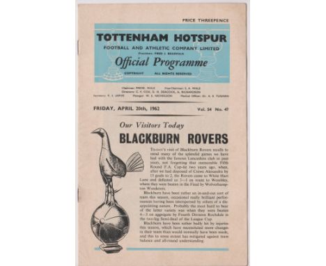 Tottenham Hotspur v Blackburn Rovers 1962. Creasing and fold. Approx 21 x 13cm