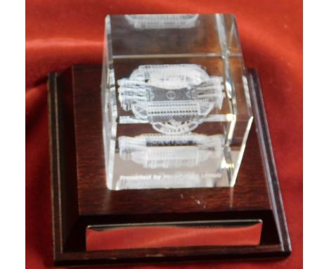 TROPHY - Manchester United v Bayern Munich. 13 March 2002. Perspex glass cube hologram of Old Trafford and the United badge m