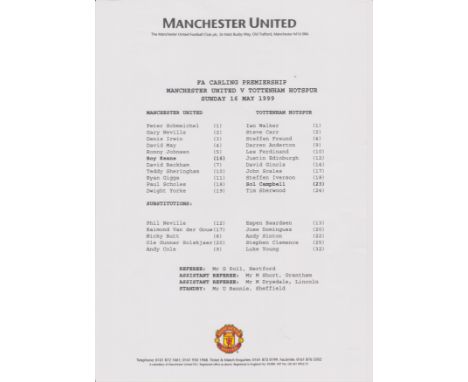 Manchester United v Tottenham Hotspur. 16 May 1999. FA Carling Premiership. Match Day Team Sheet.