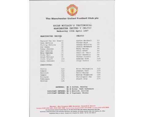 Manchester United v Celtic 15 April 1997 Brian McClair's Testimonial Club Match Day Team Sheet
