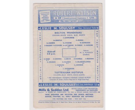 Bolton Wanderers v Tottenham Hotspur. 1 September 1956-57. Creasing, fold, rust  mark. Approx 20 x 13cm