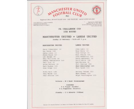 Manchester United v Leeds United 19 February 1995 FA Challenge Cup 5th Round Match Day Team Sheet