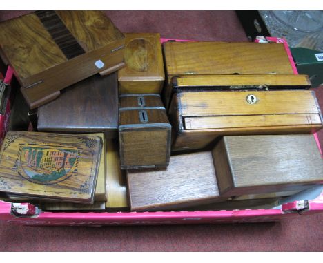 A Collection of Wooden Boxes, varying wood - jewellery, cutlery, savings, cigarette example:- Two Boxes