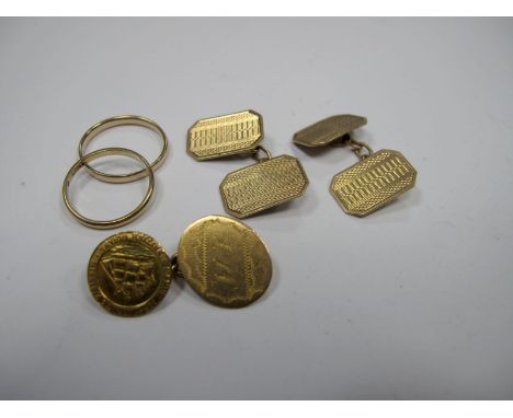 A Pair of Gent's Cufflinks, the engine turned panels on chain connections, stamped "9ct"; an odd gent's cufflink and two 9ct 