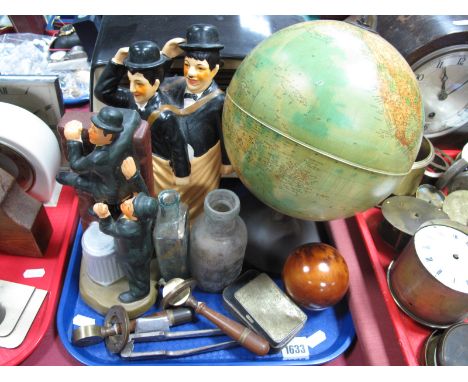 Nova Rico Globe, GEC value radio, model Laurel and Hardy figures, turned hardwood and brass handles/levers, etc:- One Tray