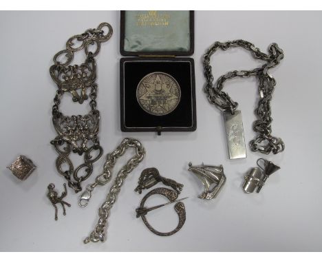 A Chester Hallmarked Ship Brooch, together with a belcher link chain, stamped "925", suspending a hallmarked silver ingot sty