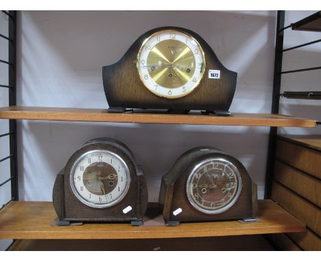 A Bentima Eight Day Mantel Clock, and two 1940's oak cased mantel clocks.