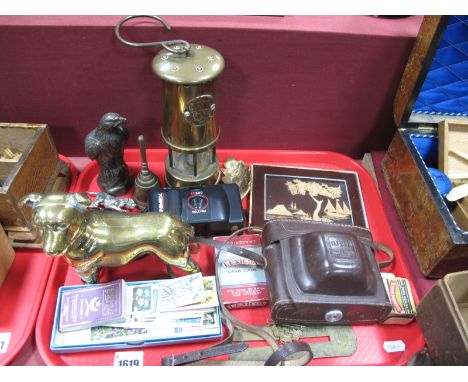 Bodill-Parker &amp; Co Brass Military Button Cleaning Guard, brass miners lamp, brass figure of a dog, Ilford sports camera, 